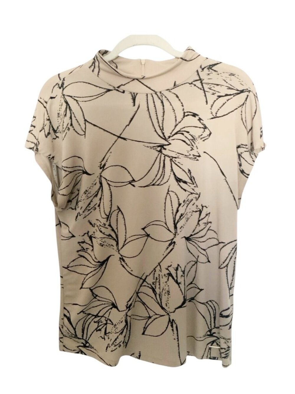 Calvin Klein Women's Beige Black Floral Print Mock Neck Short Sleeves Size M